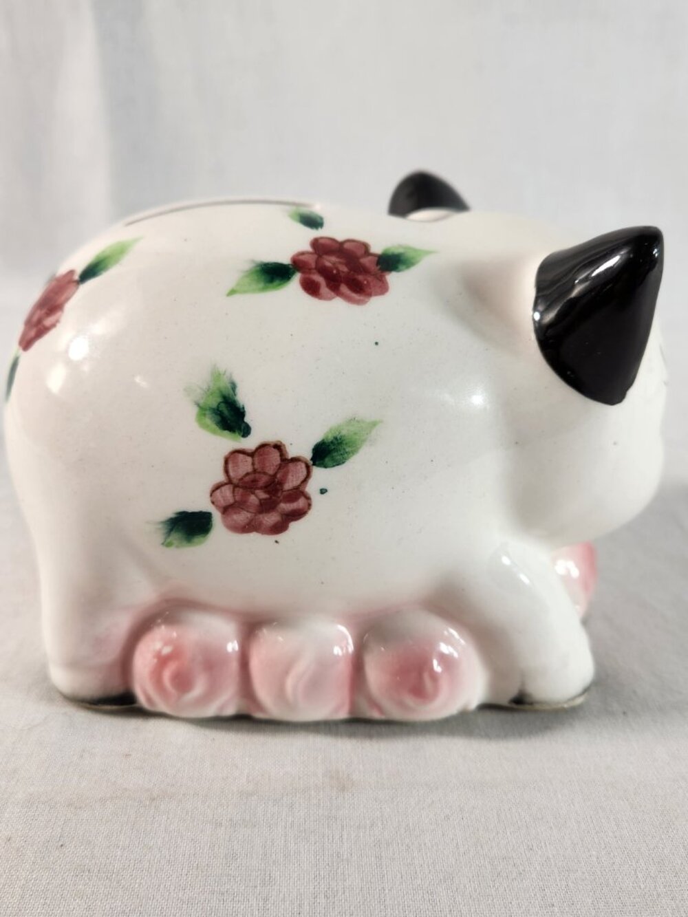 Ries Japan Ceramic Piggy Bank White Vintage 1950s-1960s Hand Painted + Plug - Picture 5 of 9